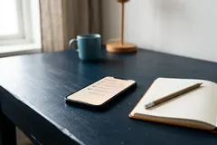 Smartphone och anteckningsbok på ett skrivbord