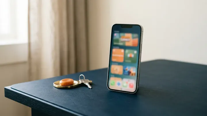 Silverfärgad smartphone på ett mörkt skrivbord